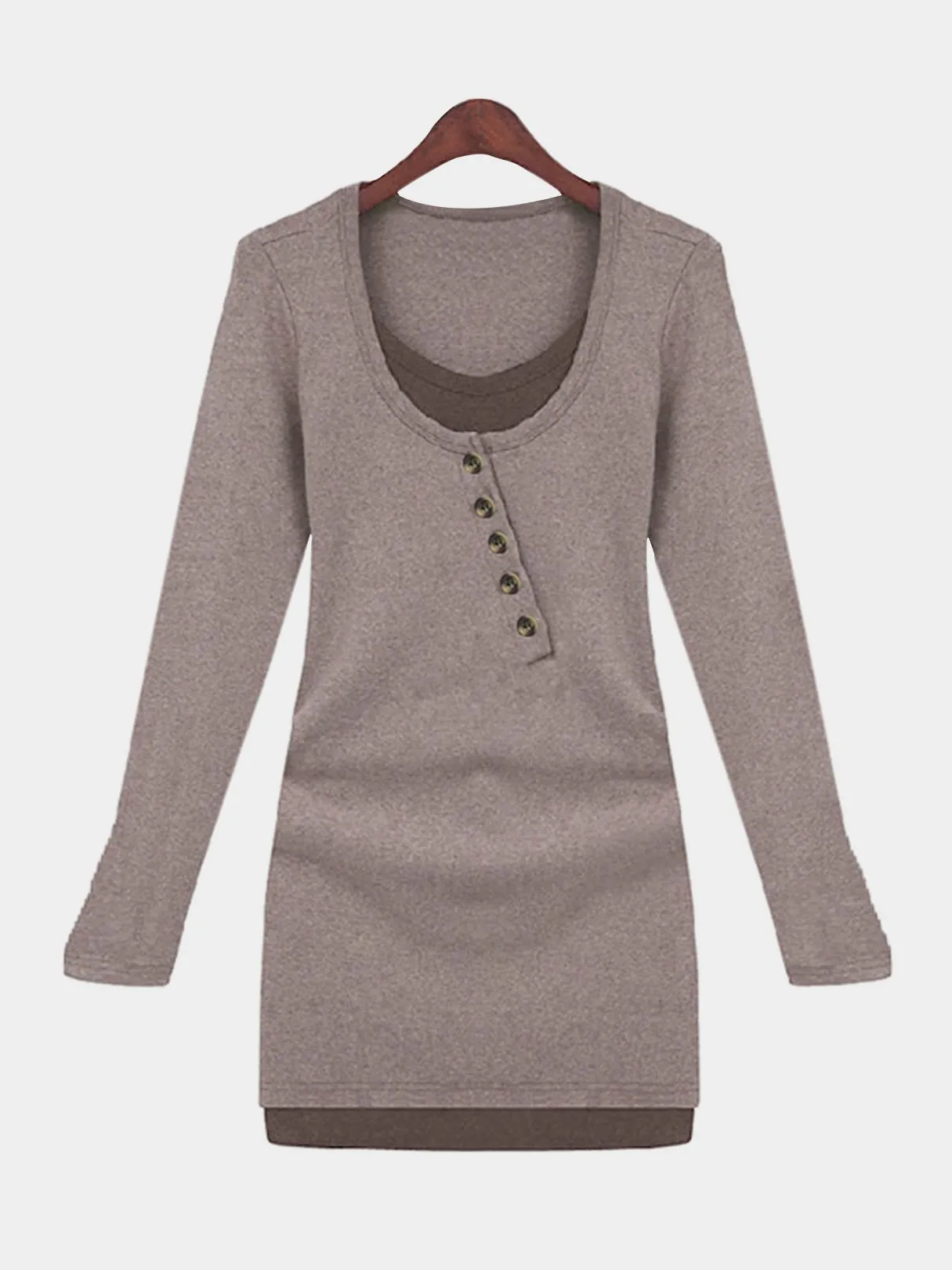 Wholesale Brown Round Neck Long Sleeve Plain Casual Dresses