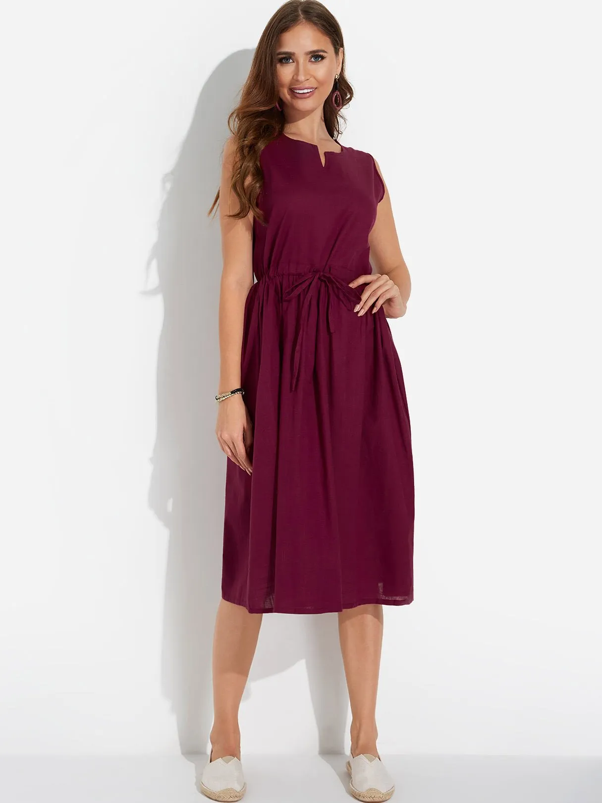 Wholesale Burgundy V-Neck Sleeveless Casual Dresses