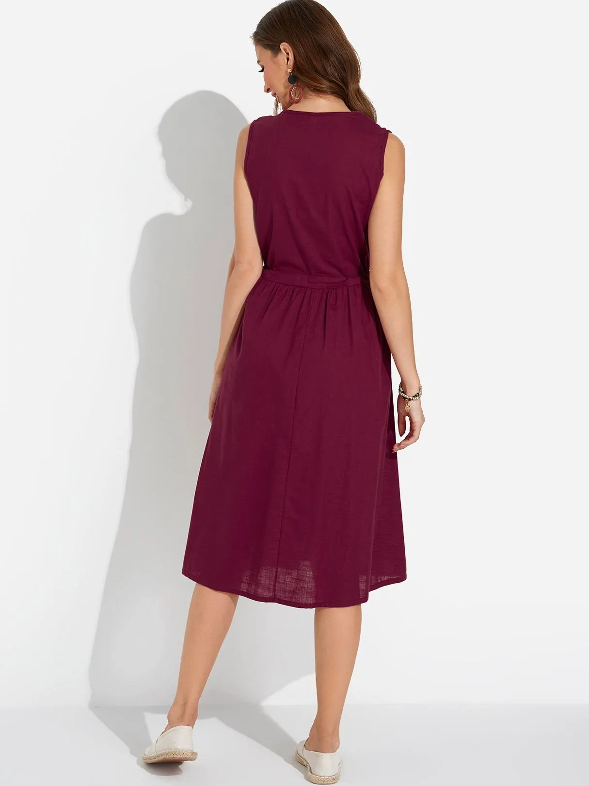 Wholesale Burgundy V-Neck Sleeveless Casual Dresses