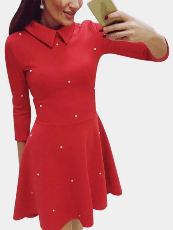 Wholesale Classic Collar 3/4 Length Sleeve Ruffle Hem High-Waisted Casual Dresses