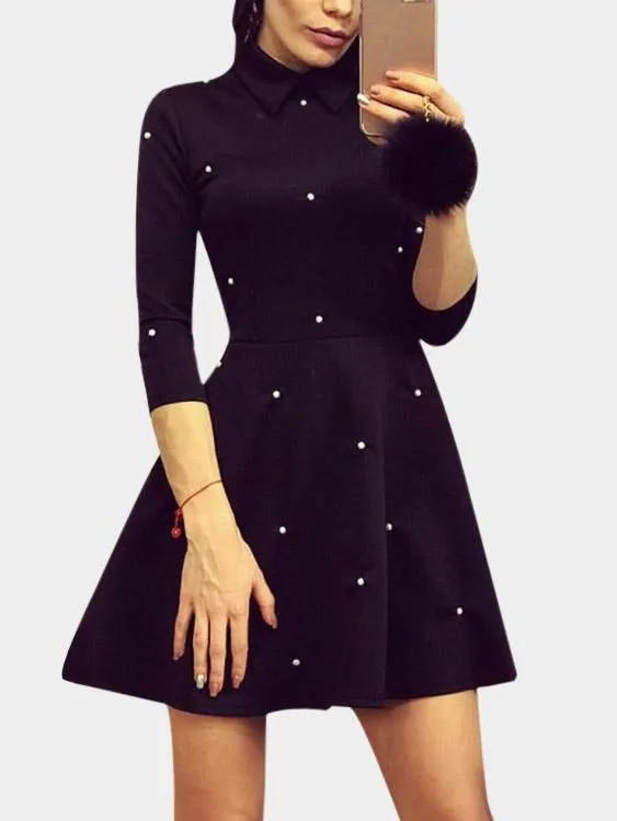 Wholesale Classic Collar 3/4 Length Sleeve Ruffle Hem High-Waisted Casual Dresses