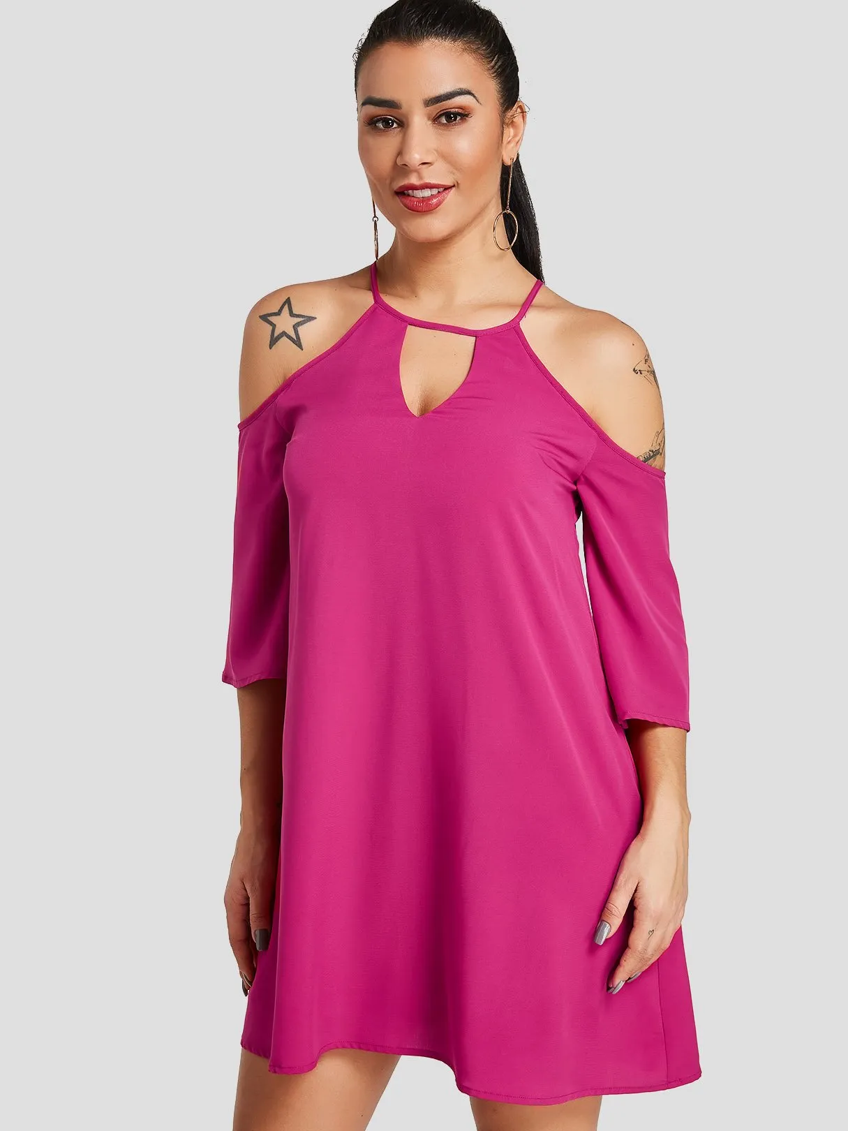 Wholesale Fuchsia Cold Shoulder 3/4 Length Sleeve Plain Cut Out Casual Dress