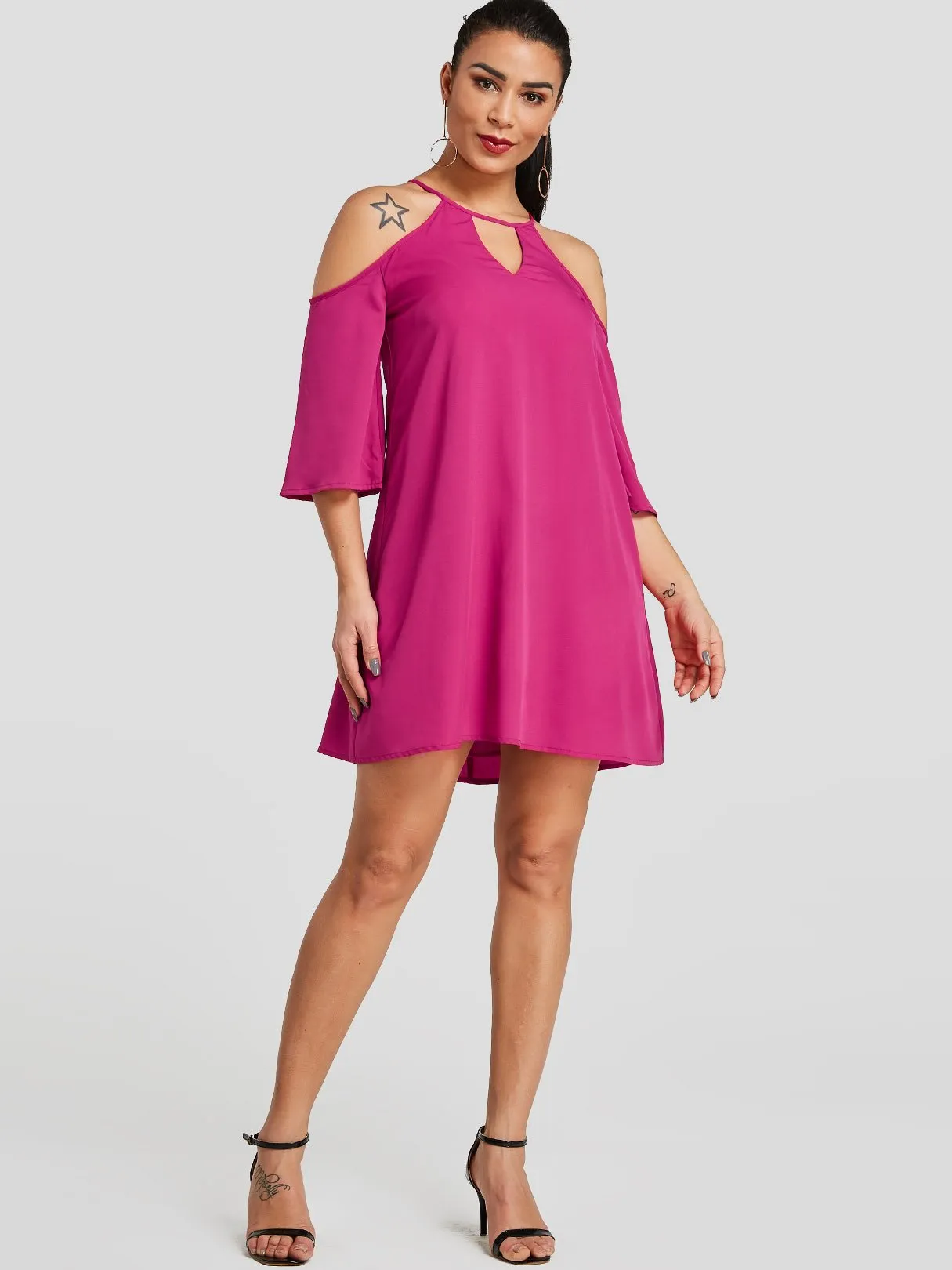 Wholesale Fuchsia Cold Shoulder 3/4 Length Sleeve Plain Cut Out Casual Dress