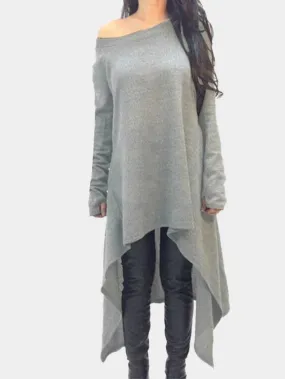 Wholesale Gray Off The Shoulder Long Sleeve Plain Irregular Hem Casual Dresses