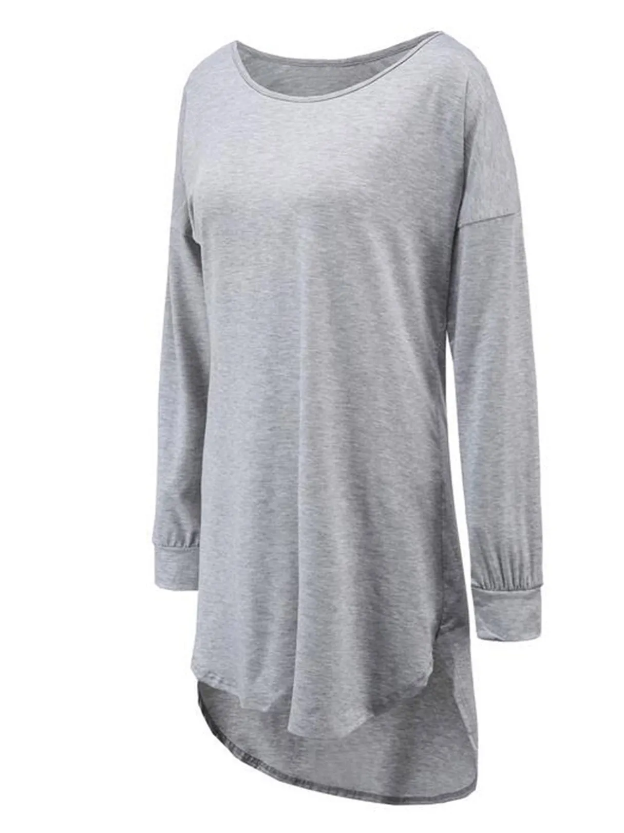 Wholesale Grey Round Neck Long Sleeve Curved Hem Casual Dresses