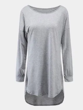 Wholesale Grey Round Neck Long Sleeve Curved Hem Casual Dresses