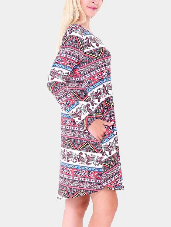 Wholesale Round Neck Geometrical Long Sleeve Casual Dresses