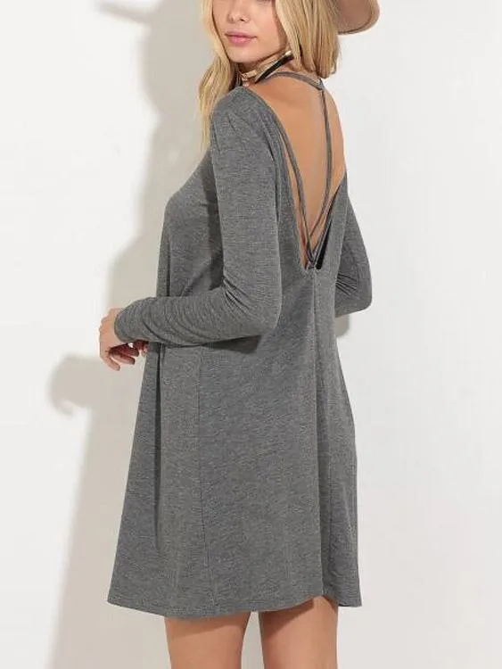 Wholesale Round Neck Long Sleeve Grey Casual Dresses