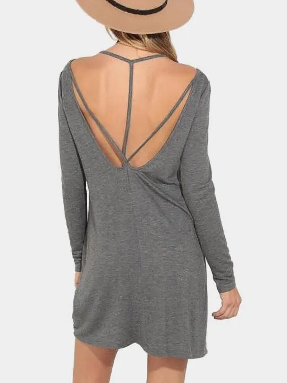 Wholesale Round Neck Long Sleeve Grey Casual Dresses