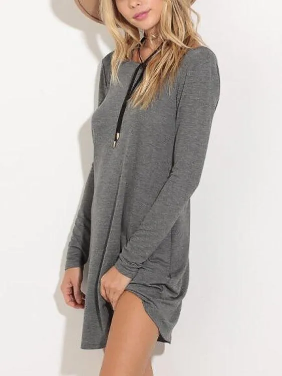 Wholesale Round Neck Long Sleeve Grey Casual Dresses