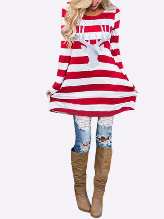 Wholesale Round Neck Long Sleeve Stripe Casual Dress