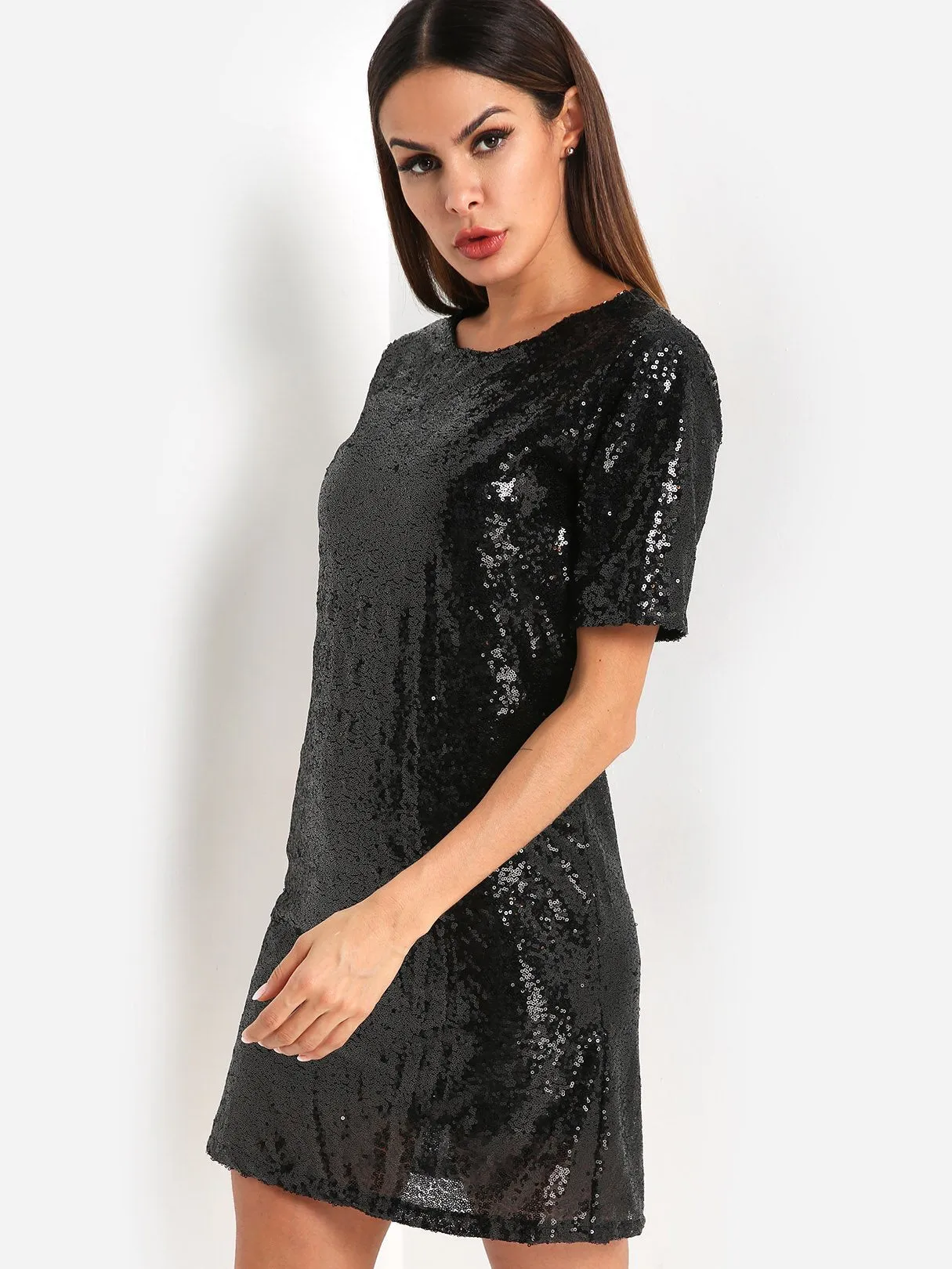 Wholesale Round Neck Short Sleeve Sequins Embellished Casual Dress