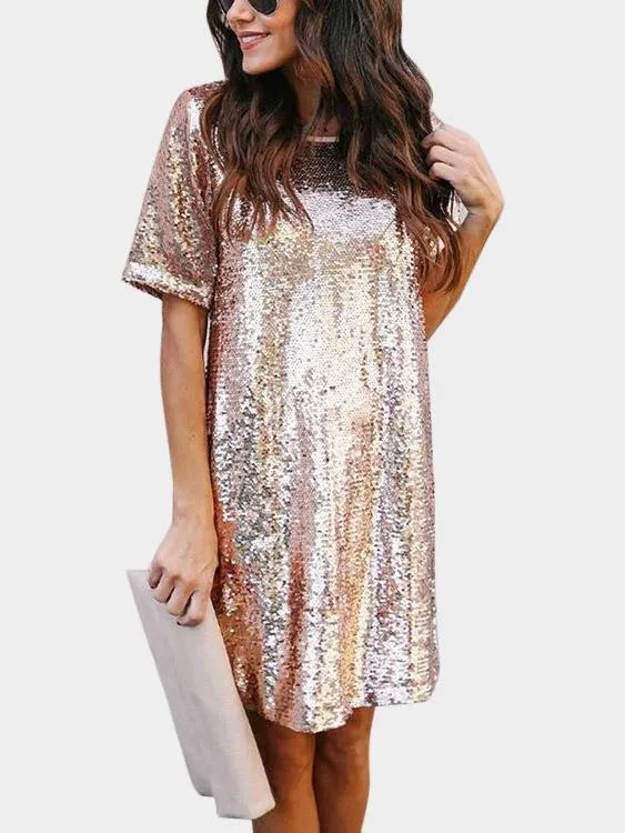 Wholesale Round Neck Short Sleeve Sequins Embellished Casual Dress