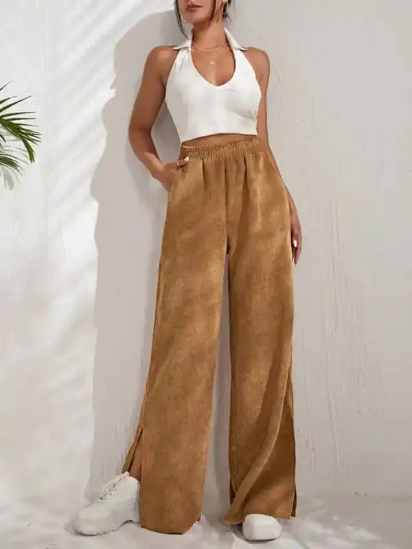 Women’s Solid Color Elastic Waistband Corduroy Wide Leg Slit Trousers