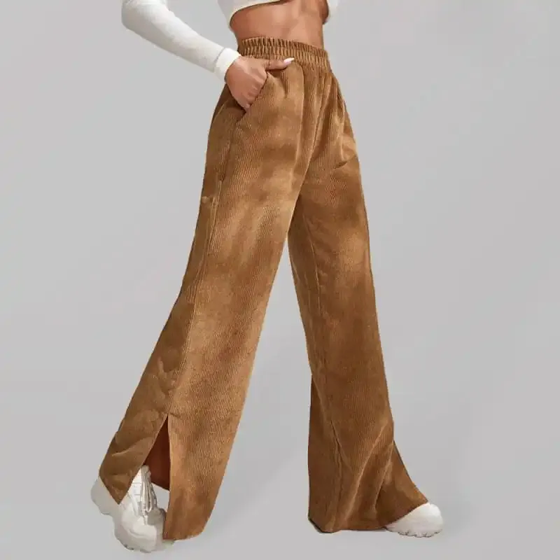 Women’s Solid Color Elastic Waistband Corduroy Wide Leg Slit Trousers