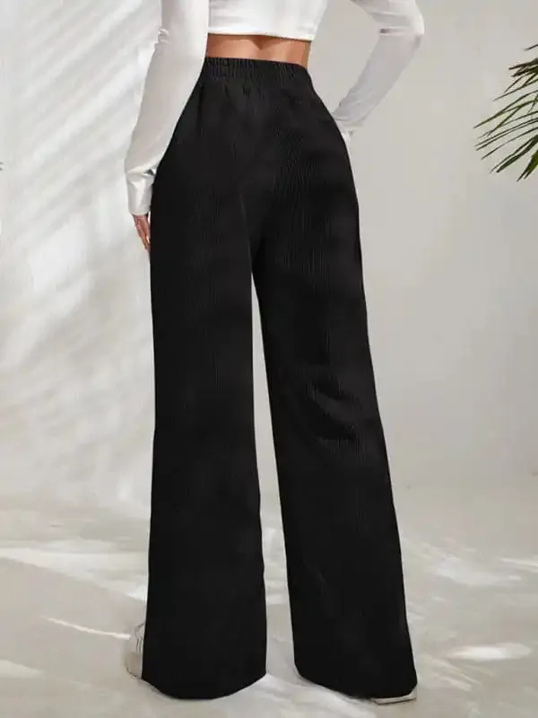 Women’s Solid Color Elastic Waistband Corduroy Wide Leg Slit Trousers