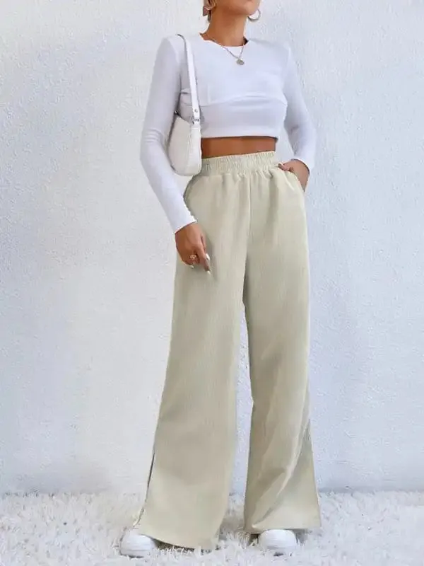 Women’s Solid Color Elastic Waistband Corduroy Wide Leg Slit Trousers