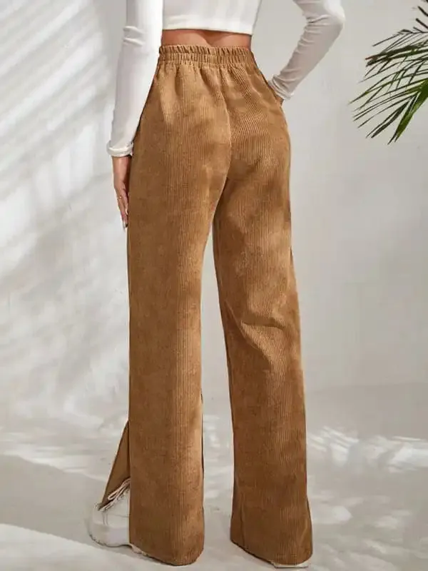 Women’s Solid Color Elastic Waistband Corduroy Wide Leg Slit Trousers