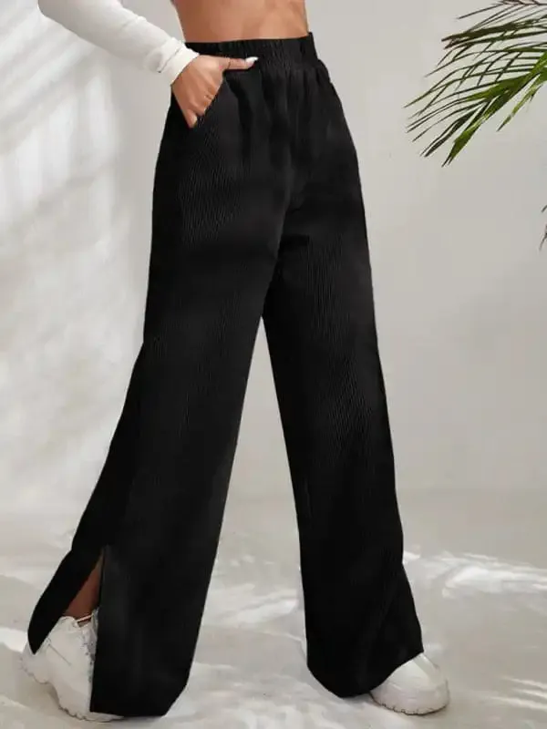 Women’s Solid Color Elastic Waistband Corduroy Wide Leg Slit Trousers