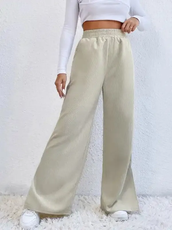 Women’s Solid Color Elastic Waistband Corduroy Wide Leg Slit Trousers