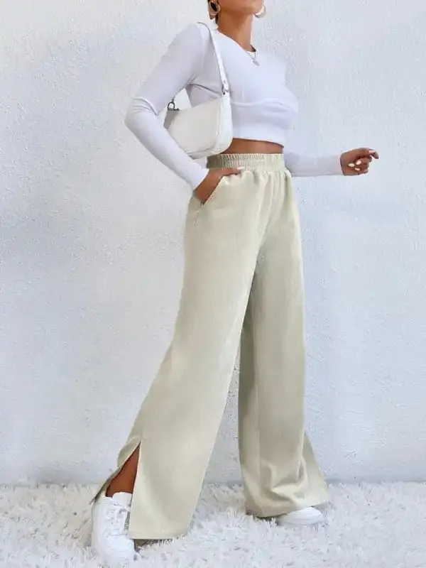 Women’s Solid Color Elastic Waistband Corduroy Wide Leg Slit Trousers