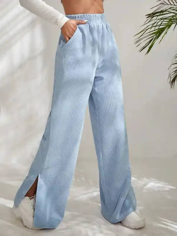 Women’s Solid Color Elastic Waistband Corduroy Wide Leg Slit Trousers