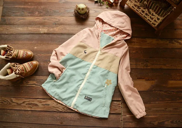 Women's Spring Loose Two-Side-Wear Hooded Windbreaker With Cartoon Printing