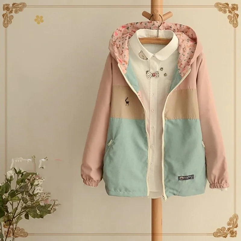 Women's Spring Loose Two-Side-Wear Hooded Windbreaker With Cartoon Printing